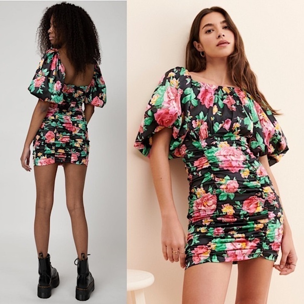 Nwt For Love & Lemons Floral Satin Puff Sleeve Open Back Ruched Bodycon Dress M